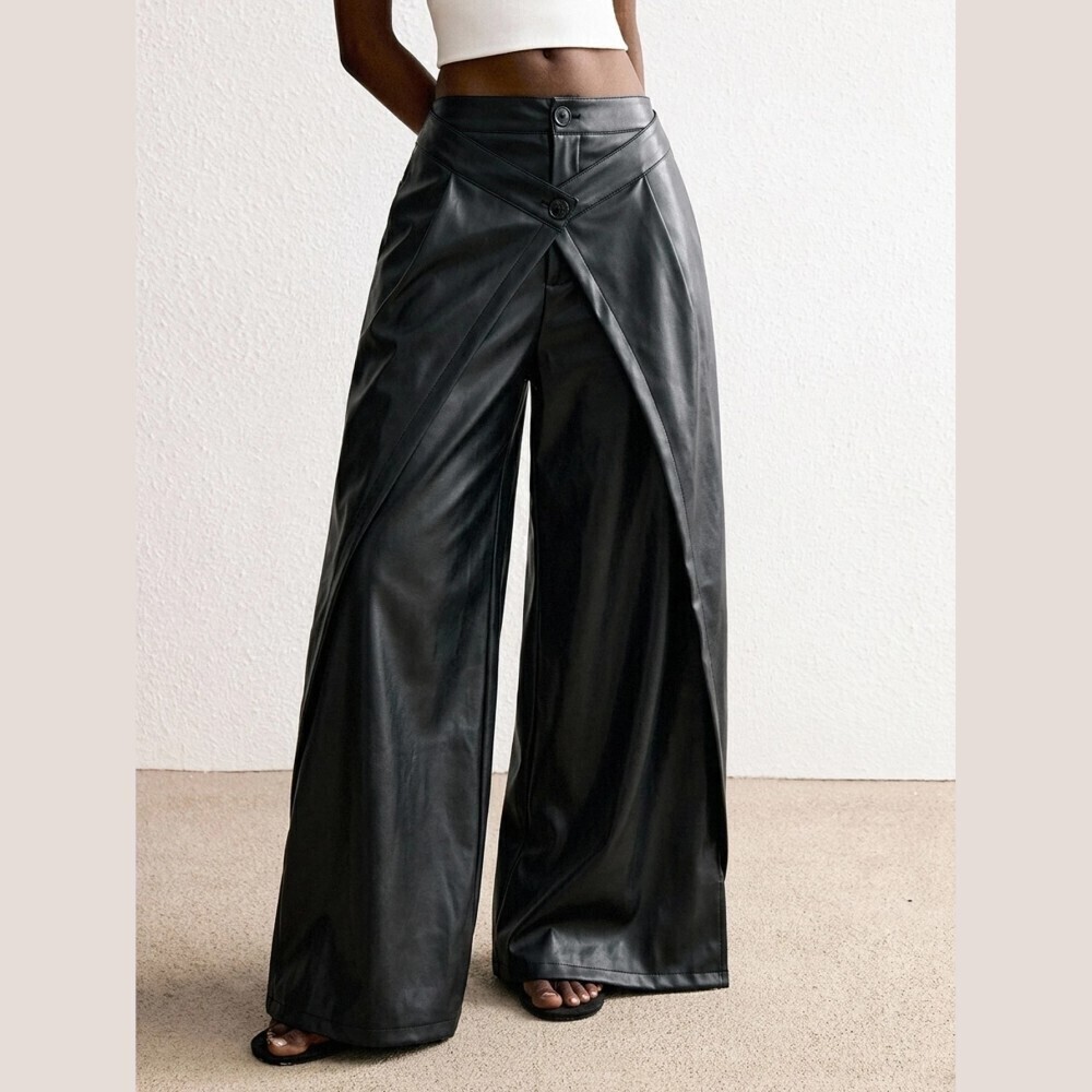 Black Faux Leather Wide Leg Layered Wrap Front Trousers